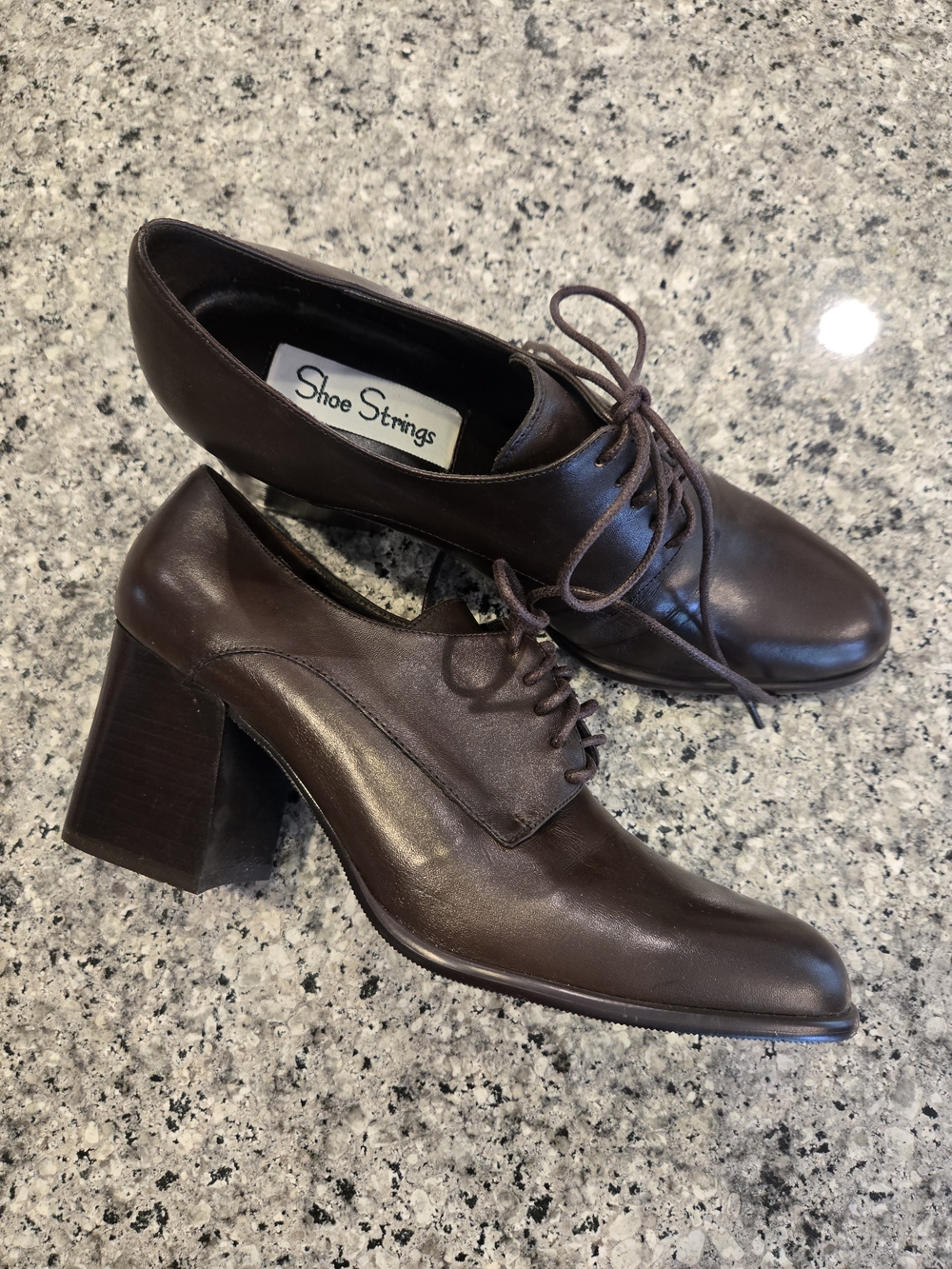 Women's Brown Leather-like Lace-Up Block Heel Oxfords
